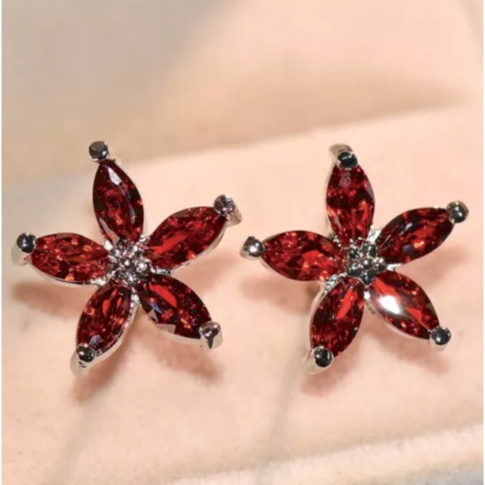Beautiful 925 Silver Ruby Flower Studs